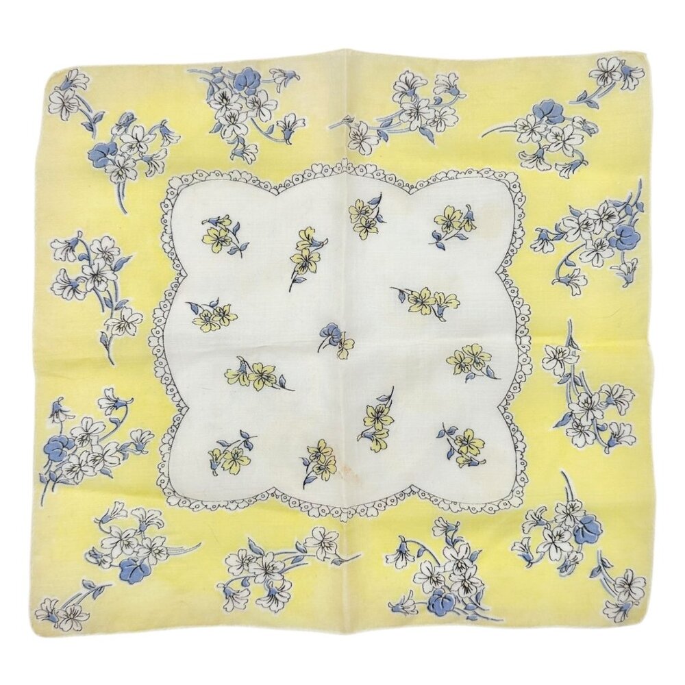 Vintage Floral Handkerchief Yellow White Cotton Square 12x12 Scalloped Detail